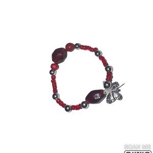 Red and Silver Beaded Bracelet with Butterfly Charm